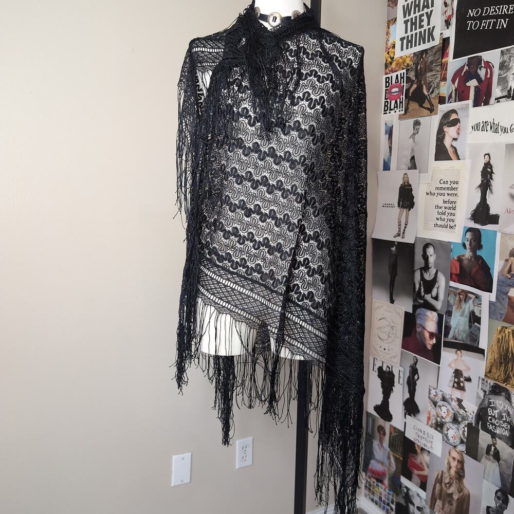 Black Lace Fringe Scarf Shawl Gothic